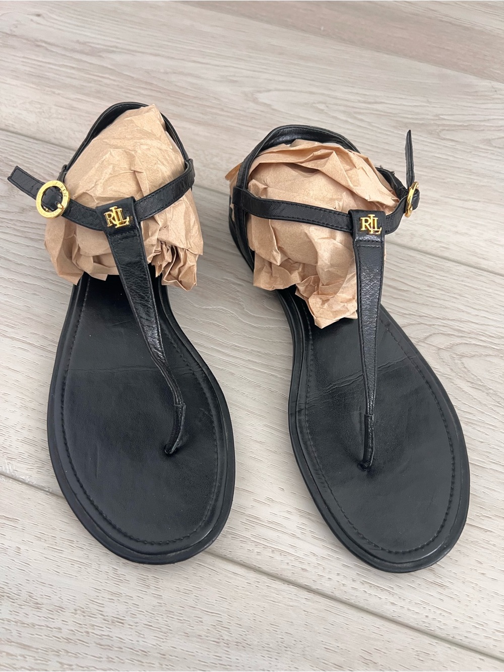 Ralph Lauren Black Leather T-Strap Sandals with Gold RL Accents
